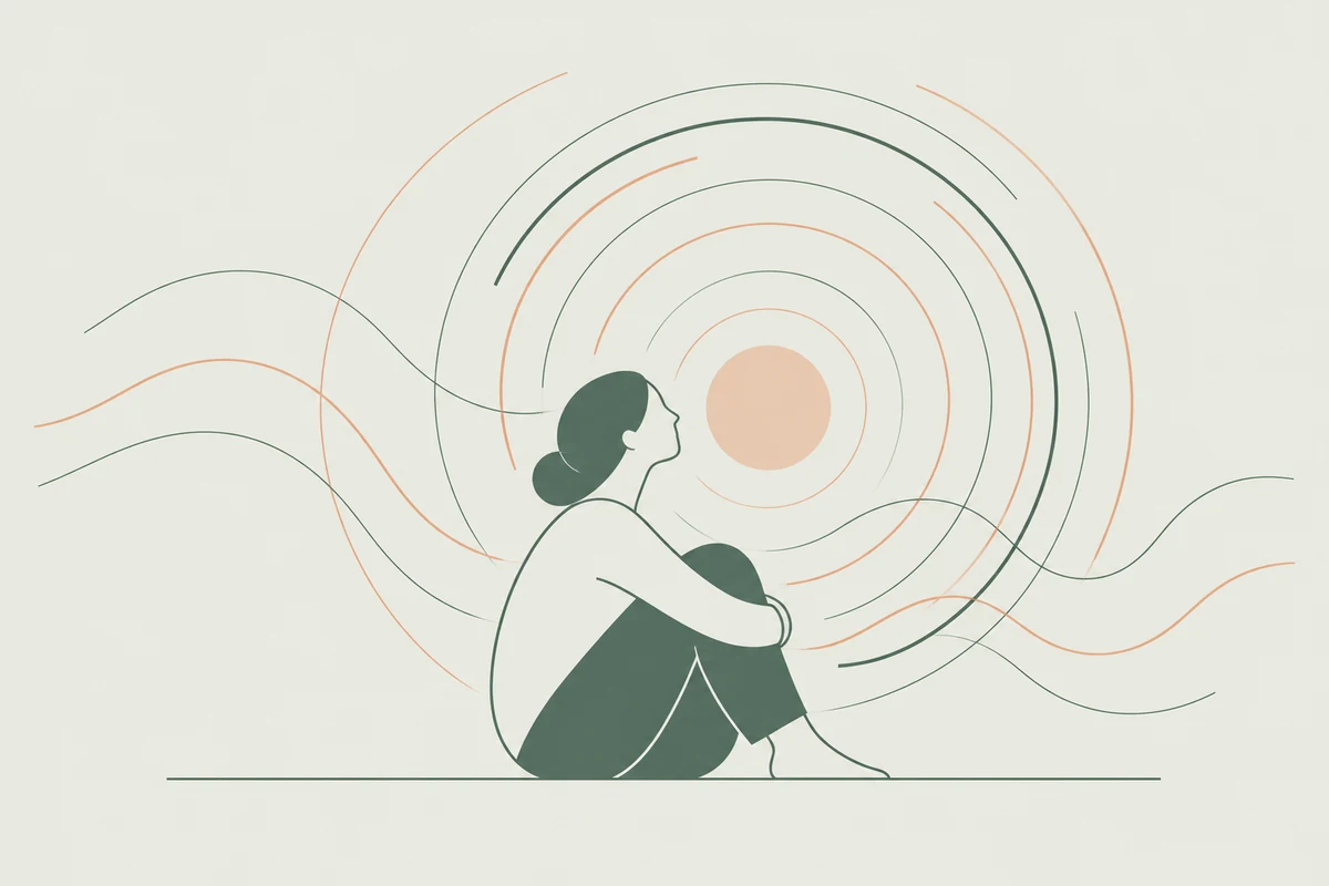 Ilustração de pessoa em reflexão cercada por círculos e linhas que representam a ansiedade e pensamentos recorrentes
