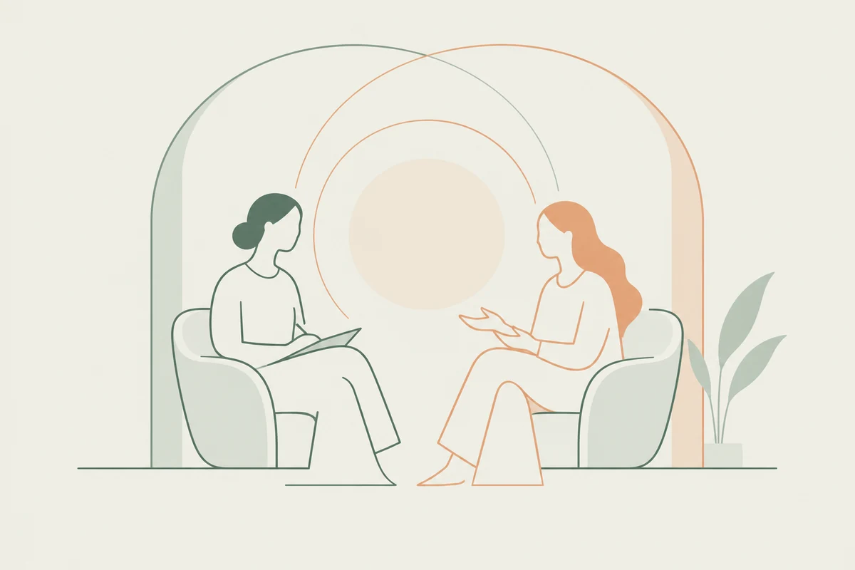 Ilustração de duas pessoas sentadas conversando em poltronas, representando a primeira sessão de psicoterapia
